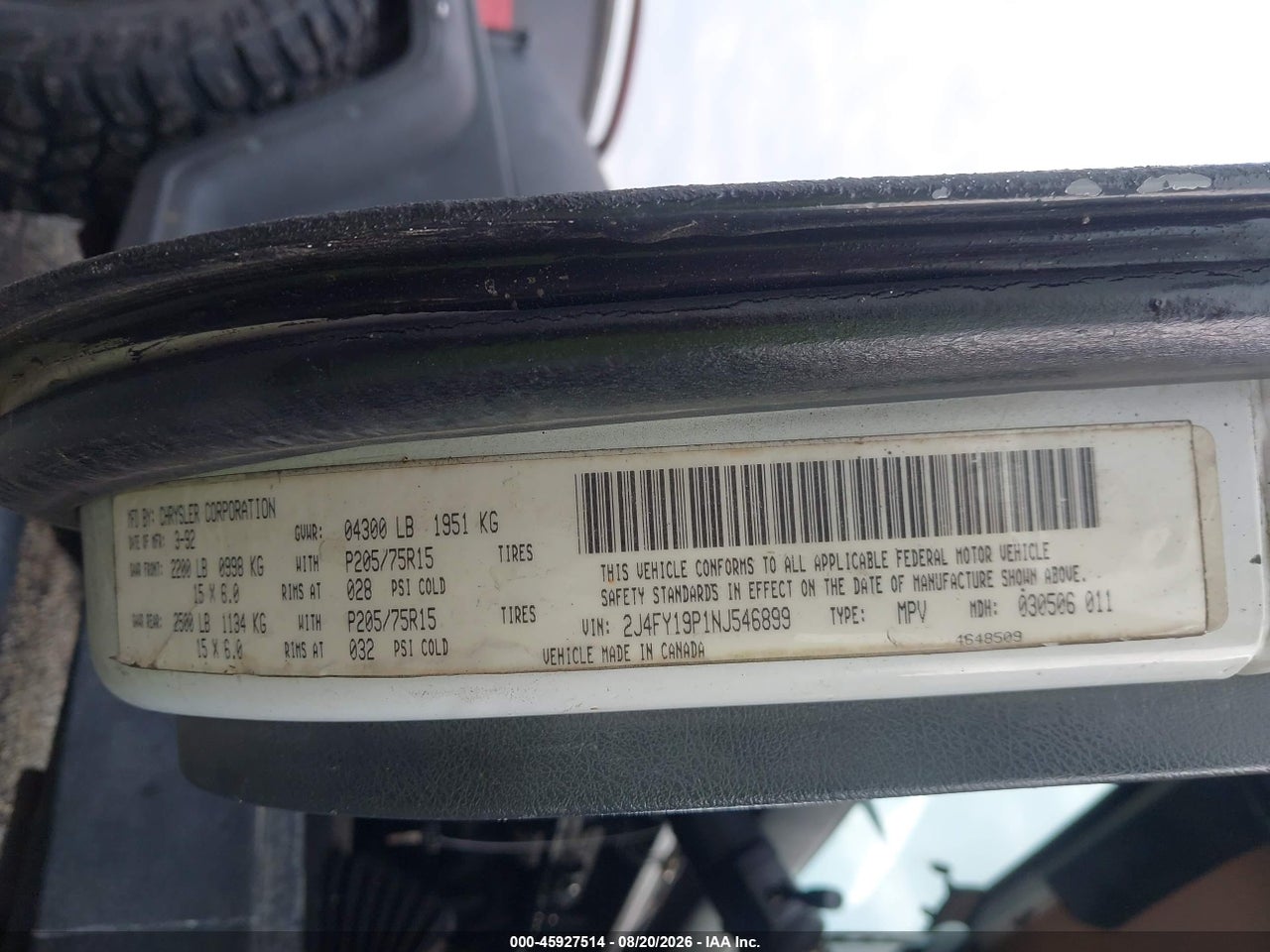 2J4FY19P1NJ****** · 1992 JEEP WRANGLER / YJ S · 9/11