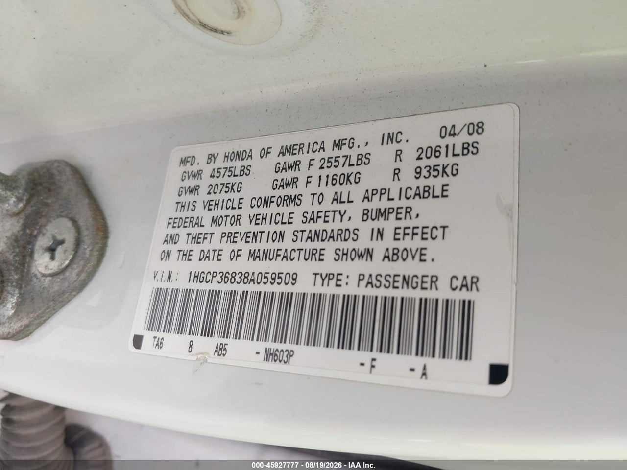 1HGCP36838A****** · 2008 HONDA ACCORD 3.5 EX-L · 9/11