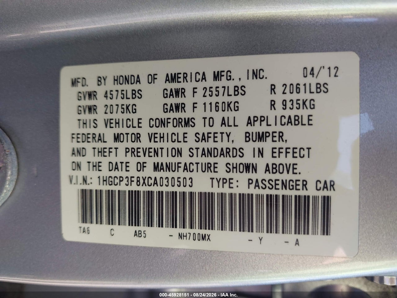 2012 HONDA ACCORD 3.5 EX-L · 9/11