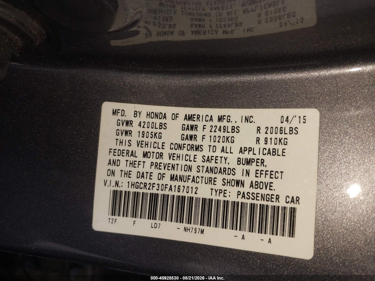1HGCR2F30FA****** · 2015 HONDA ACCORD LX · 9/11