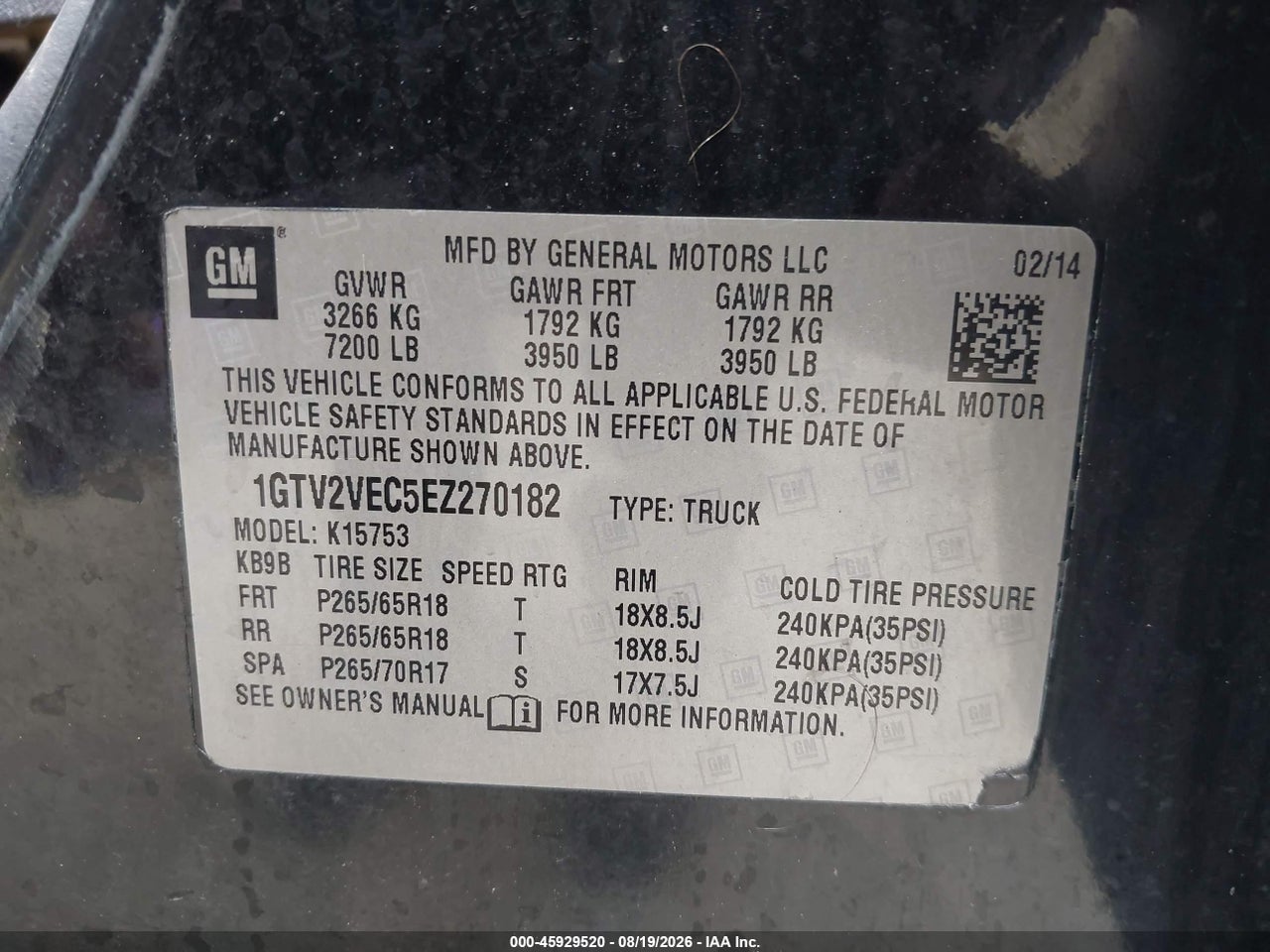 1GTV2VEC5EZ****** · 2014 GMC SIERRA 1500 SLT · 9/11