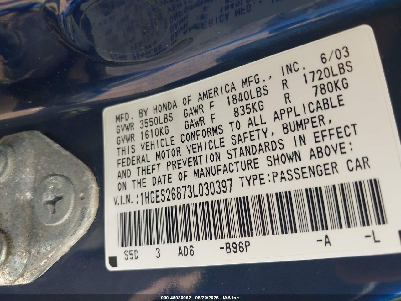 1HGES26873L****** · 2003 HONDA CIVIC EX · 9/11