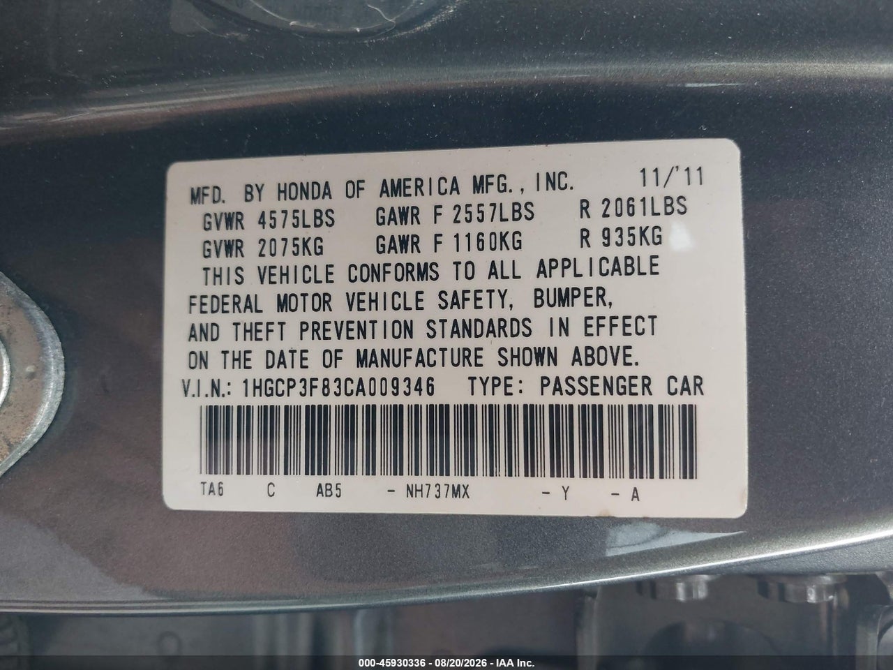 2012 HONDA ACCORD 3.5 EX-L · 9/11
