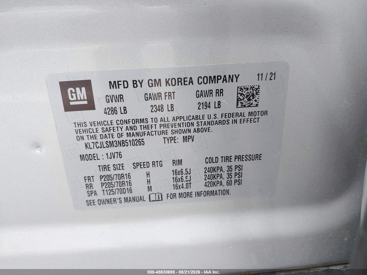 2022 CHEVROLET TRAX FWD LT · 9/11