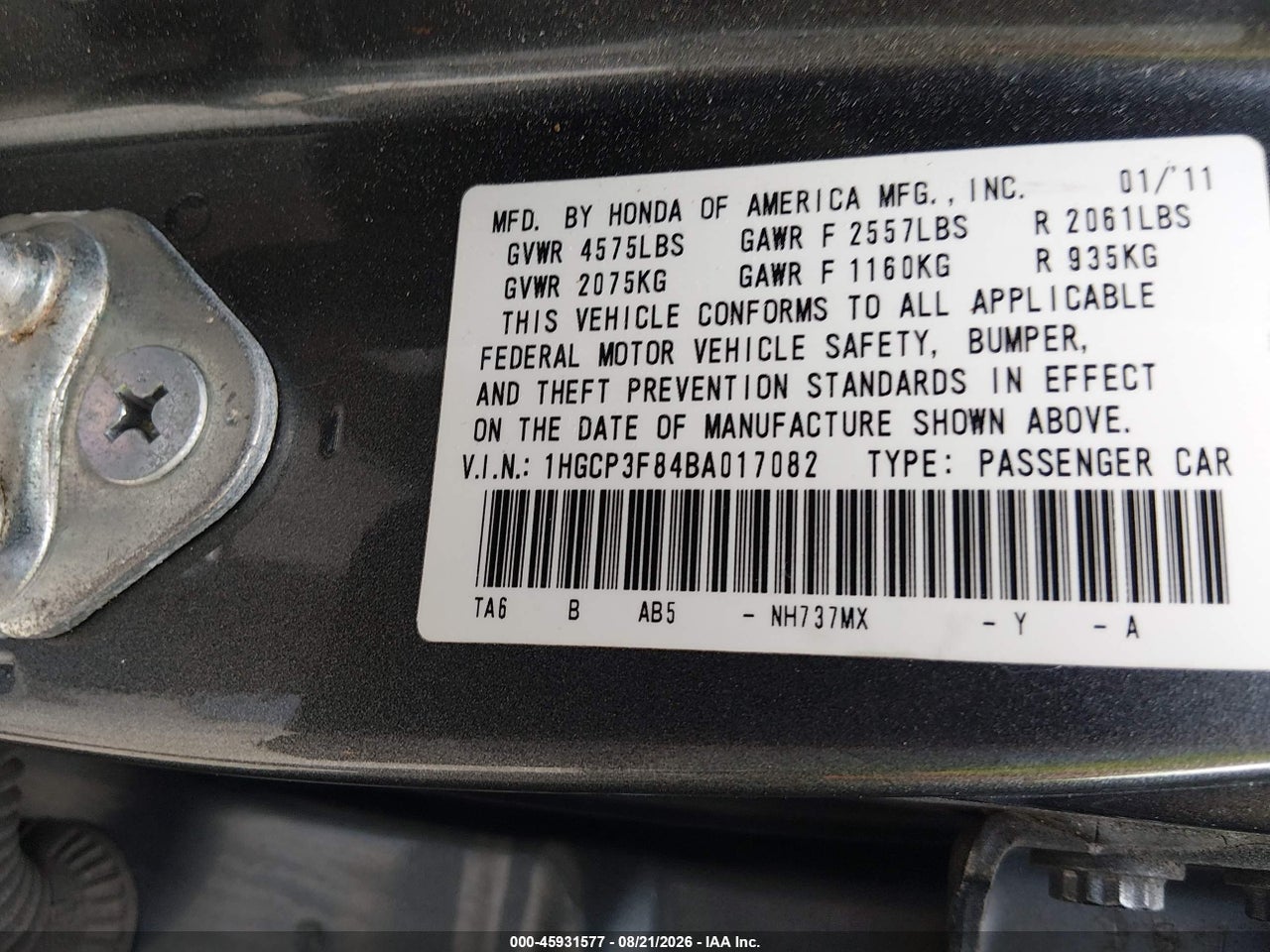 1HGCP3F84BA****** · 2011 HONDA ACCORD 3.5 EX-L · 9/11