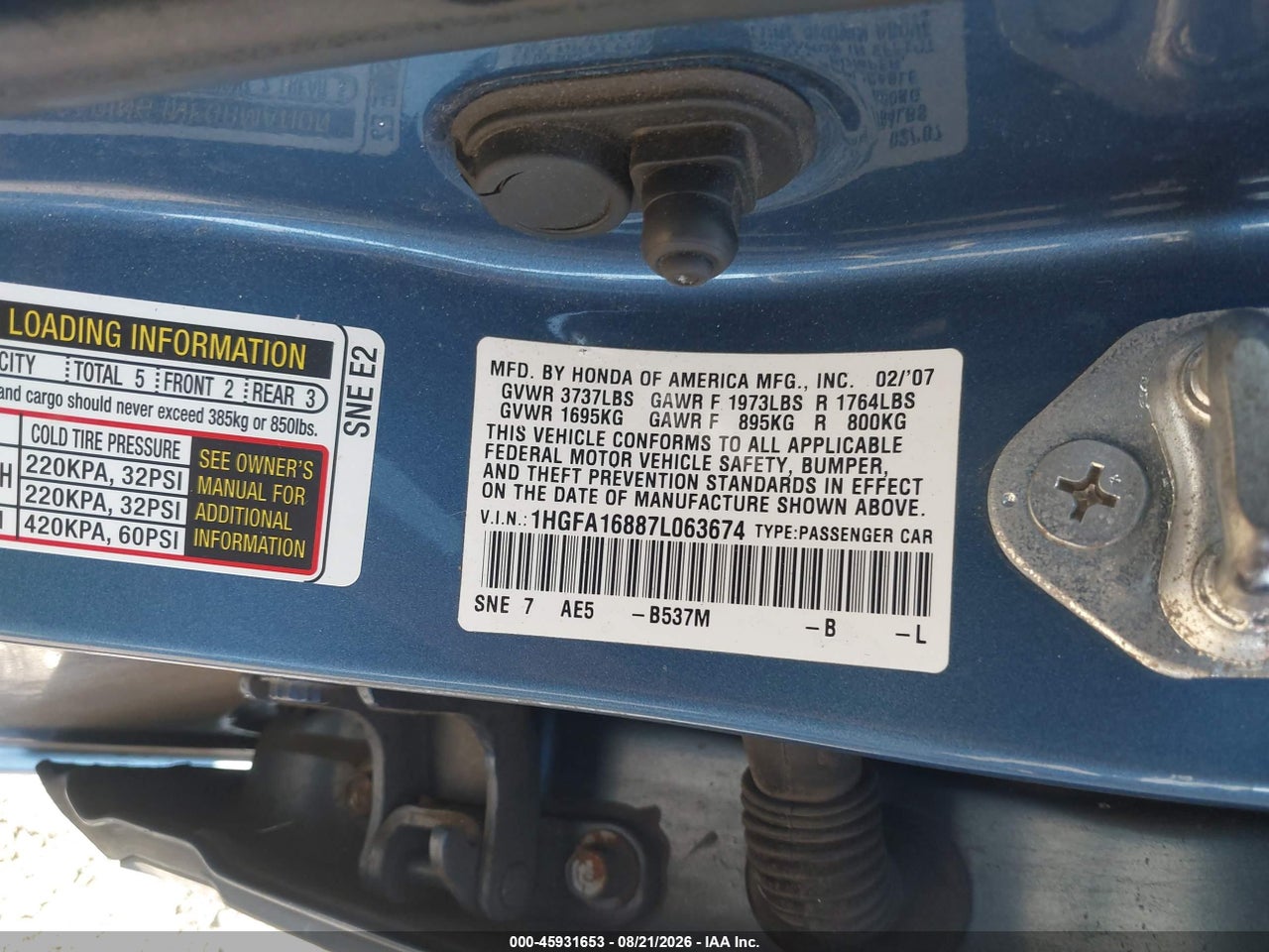 1HGFA16887L****** · 2007 HONDA CIVIC EX · 9/11