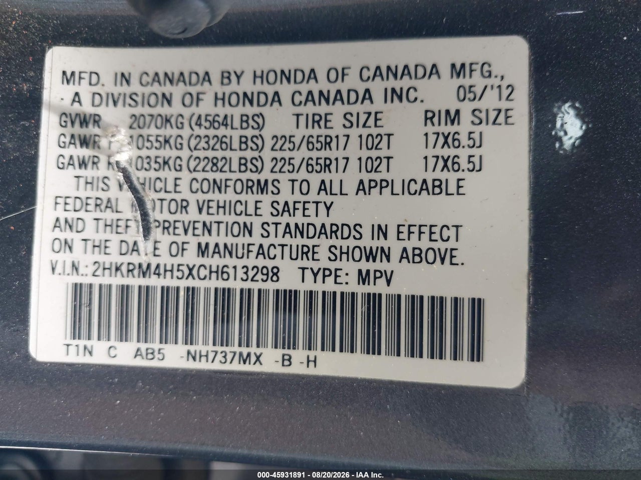 2012 HONDA CR-V EX · 9/11