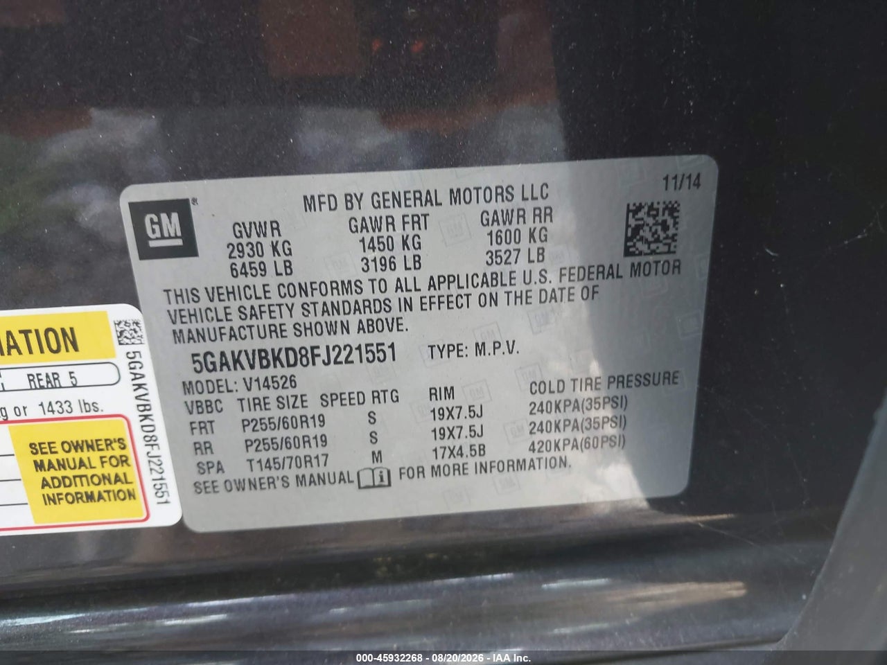 5GAKVBKD8FJ****** · 2015 BUICK ENCLAVE LEATHER · 9/11