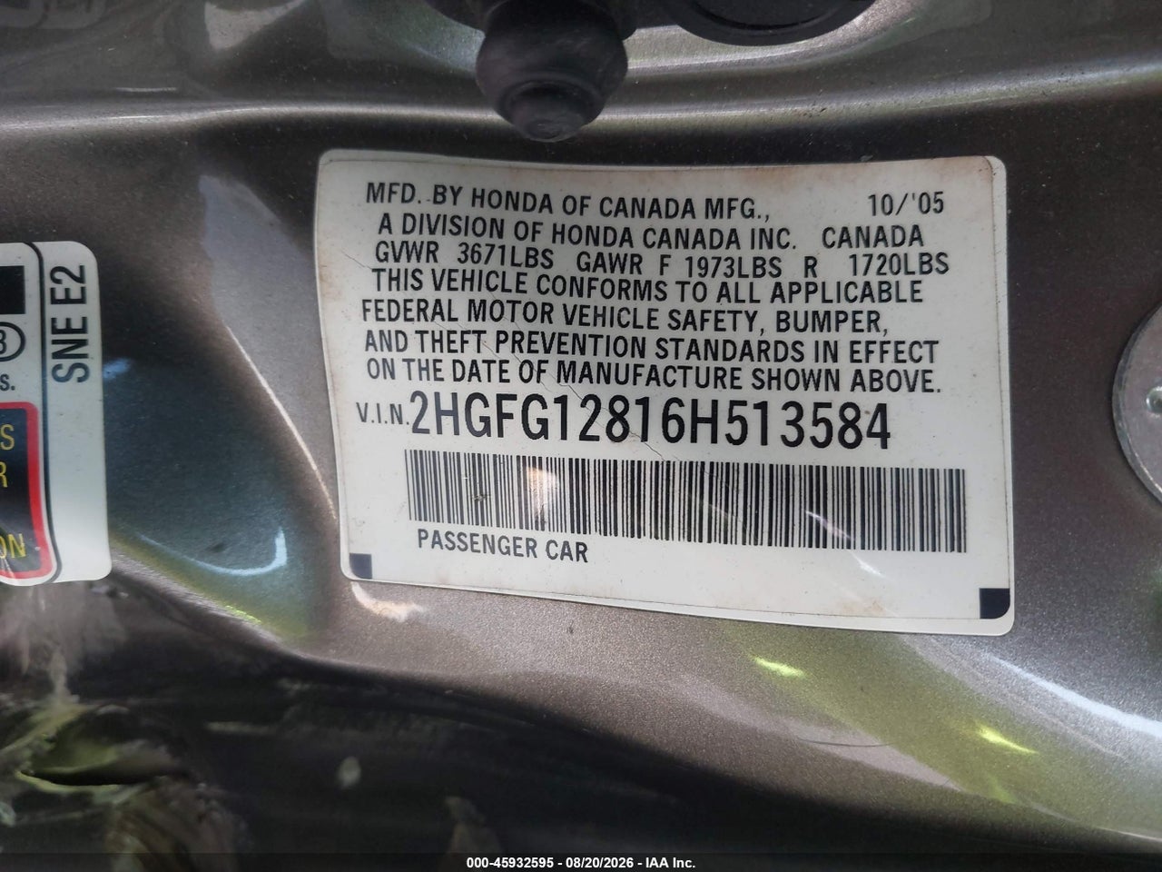 2HGFG12816H****** · 2006 HONDA CIVIC EX · 9/11