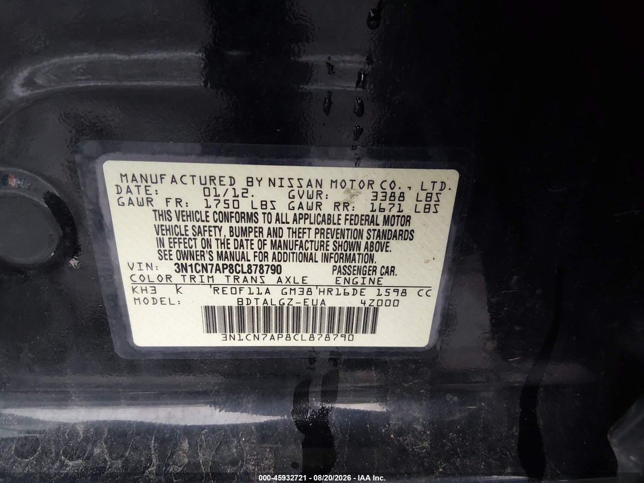 3N1CN7AP8CL****** · 2012 NISSAN VERSA 1.6 SL · 9/11
