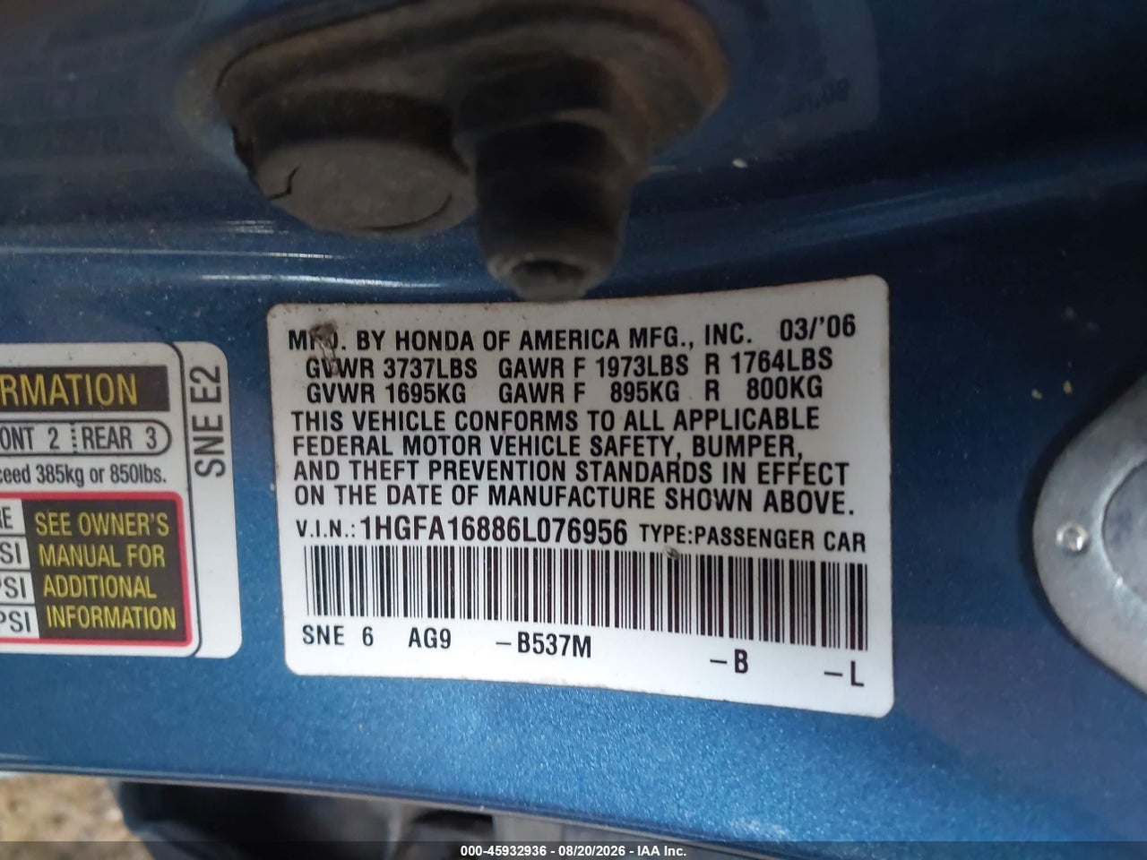 1HGFA16886L****** · 2006 HONDA CIVIC EX · 9/11