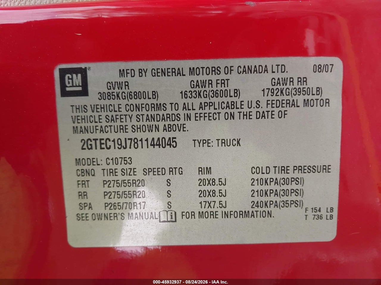 2GTEC19J781****** · 2008 GMC SIERRA 1500 SLT · 9/11