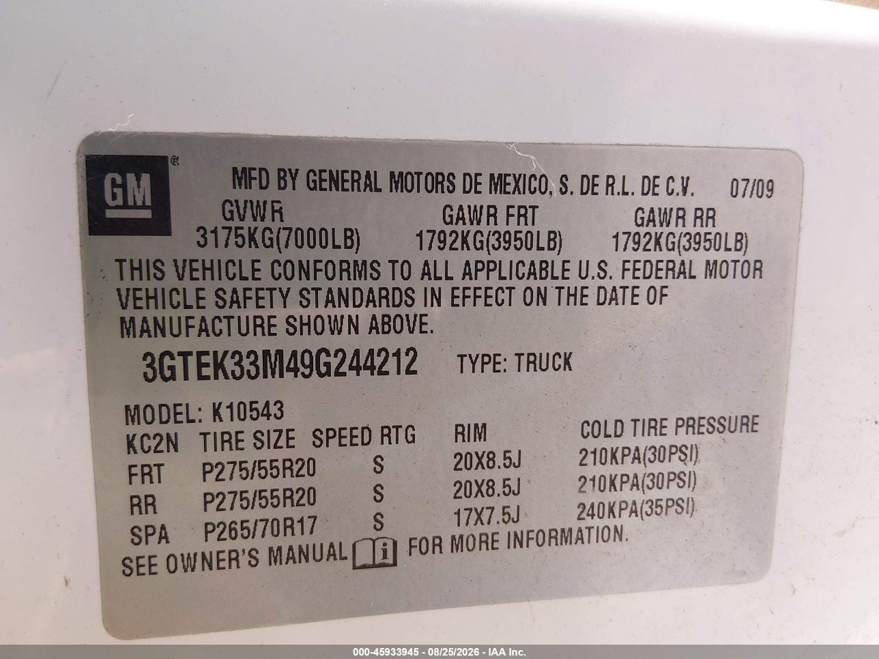3GTEK33M49G****** · 2009 GMC SIERRA 1500 SLT · 9/11