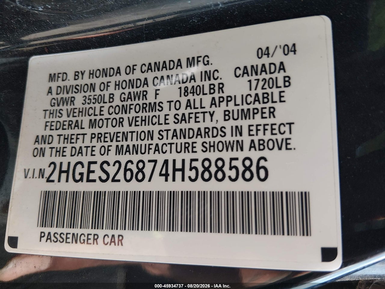 2HGES26874H****** · 2004 HONDA CIVIC EX · 9/11