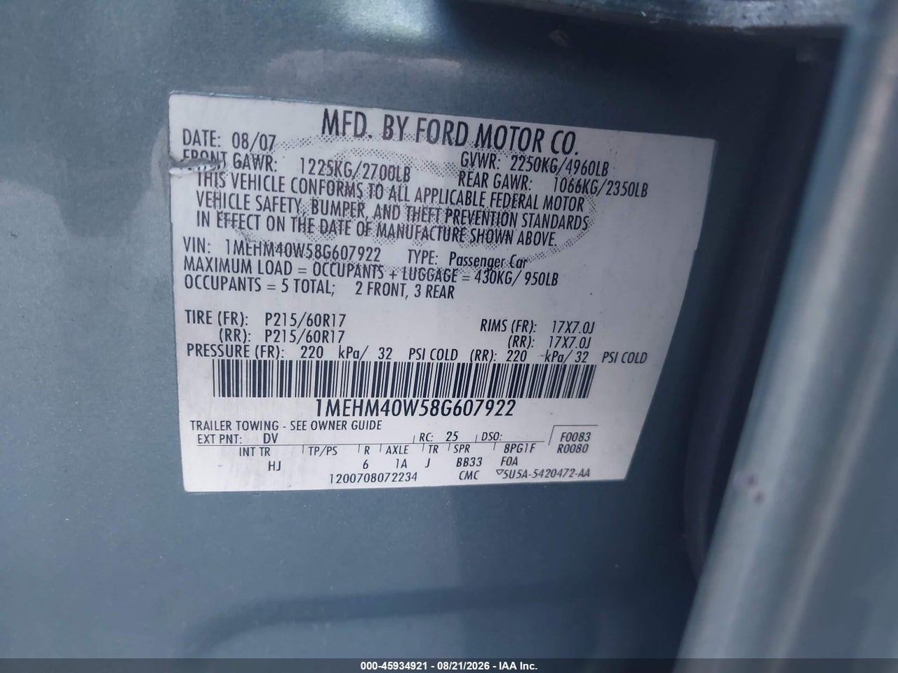1MEHM40W58G****** · 2008 MERCURY SABLE   · 9/11