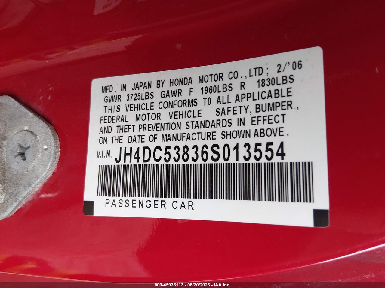 JH4DC53836S****** · 2006 ACURA RSX   · 9/11
