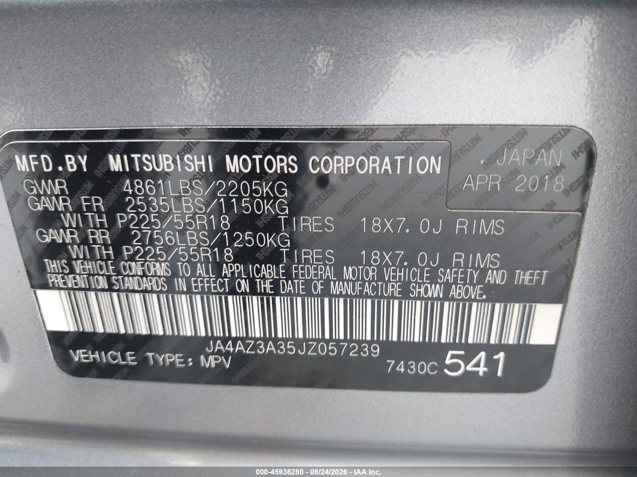 JA4AZ3A35JZ****** · 2018 MITSUBISHI OUTLANDER ES · 9/11