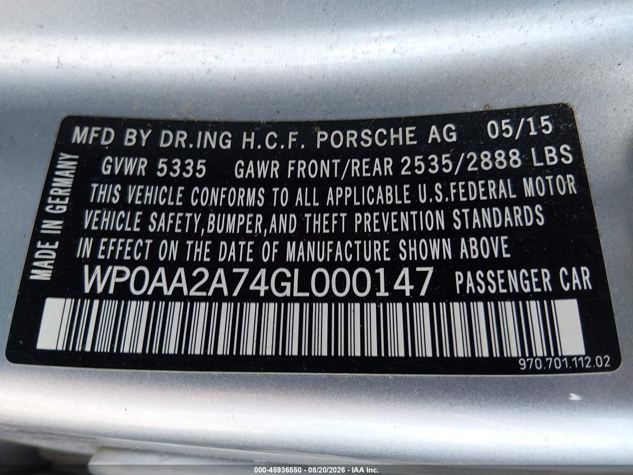WP0AA2A74GL****** · 2016 PORSCHE PANAMERA 4 · 9/11