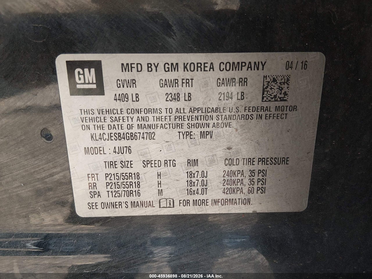 KL4CJESB4GB****** · 2016 BUICK ENCORE · 9/11
