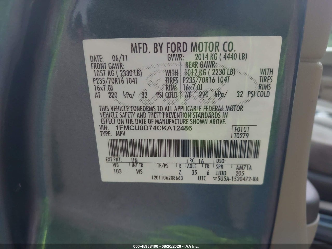 1FMCU0D74CK****** · 2012 FORD ESCAPE XLT · 9/11