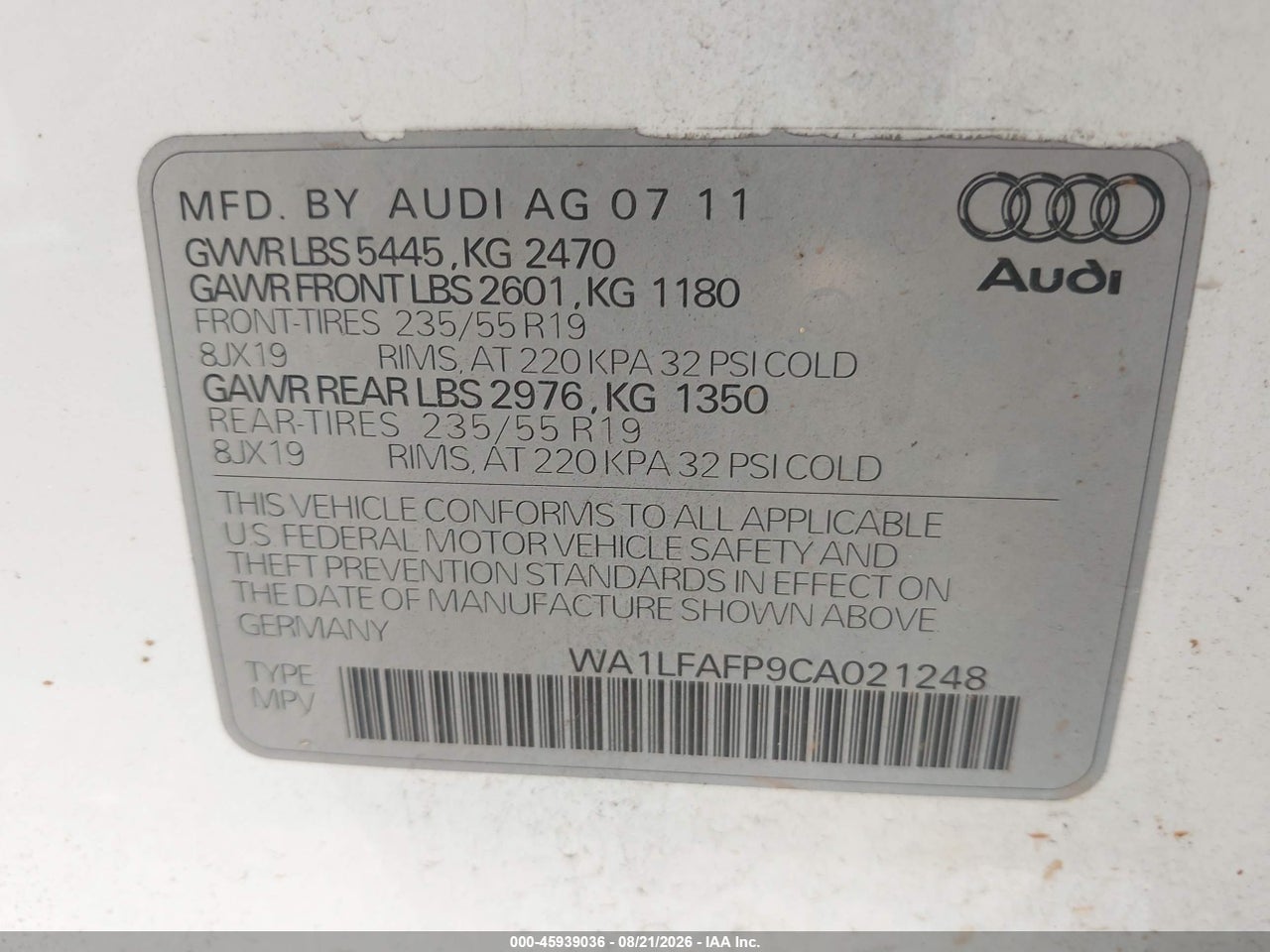 WA1LFAFP9CA****** · 2012 AUDI Q5 2.0T PREMIUM · 9/11