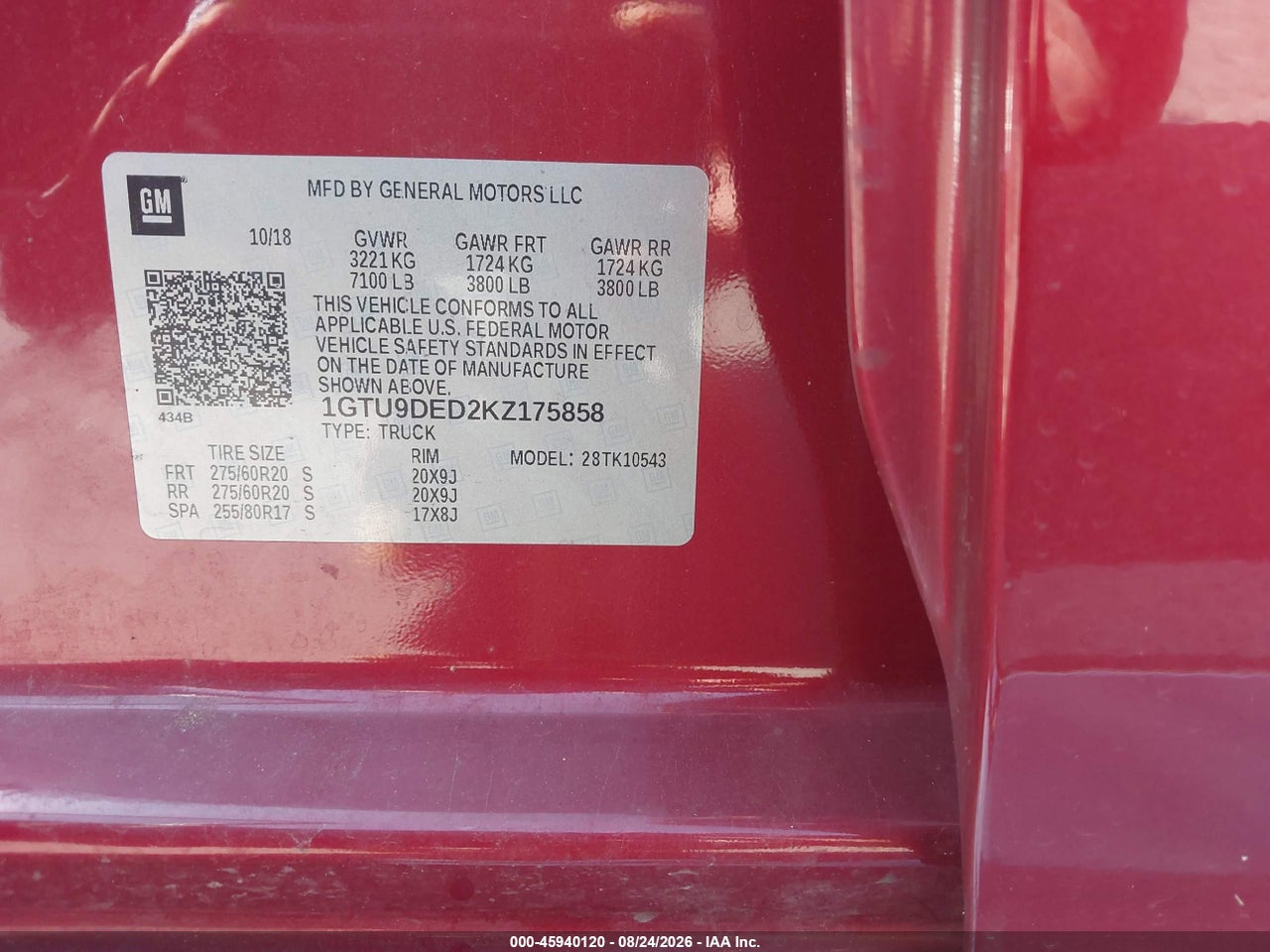 1GTU9DED2KZ****** · 2019 GMC SIERRA 1500 SLT · 9/11