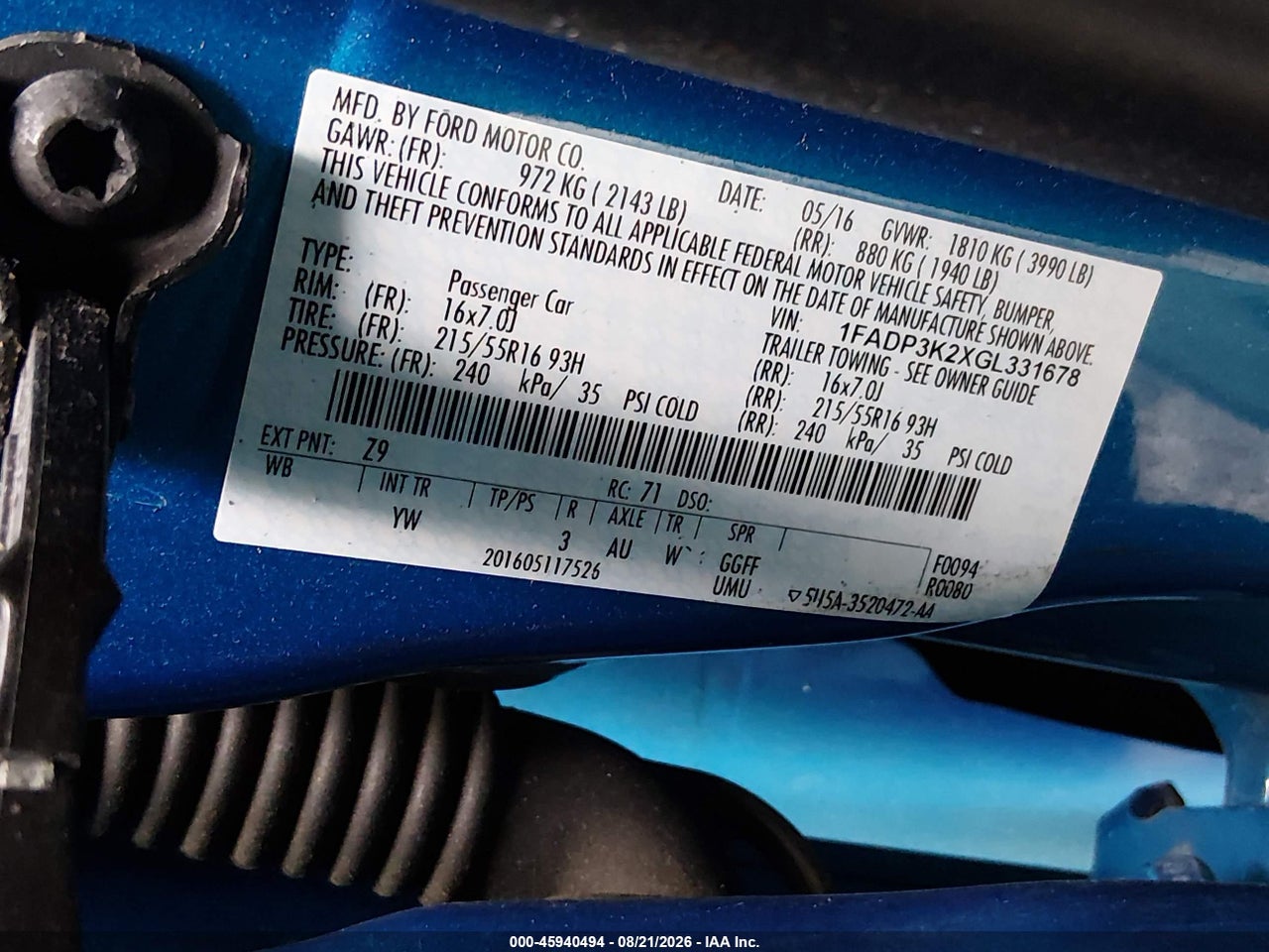 1FADP3K2XGL****** · 2016 FORD FOCUS SE · 9/11