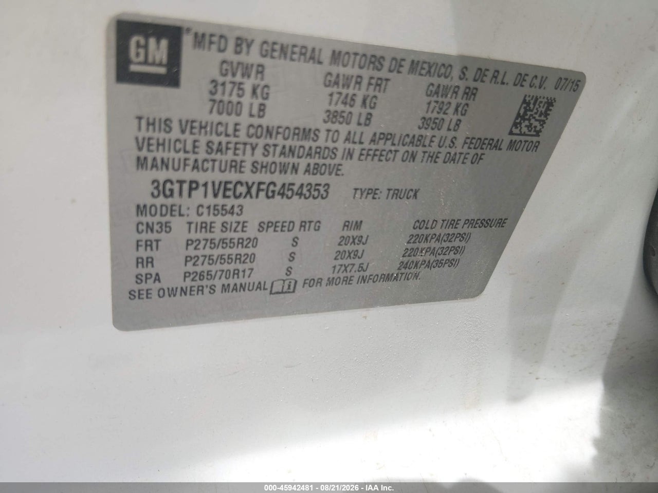 3GTP1VECXFG****** · 2015 GMC SIERRA 1500 SLT · 9/10