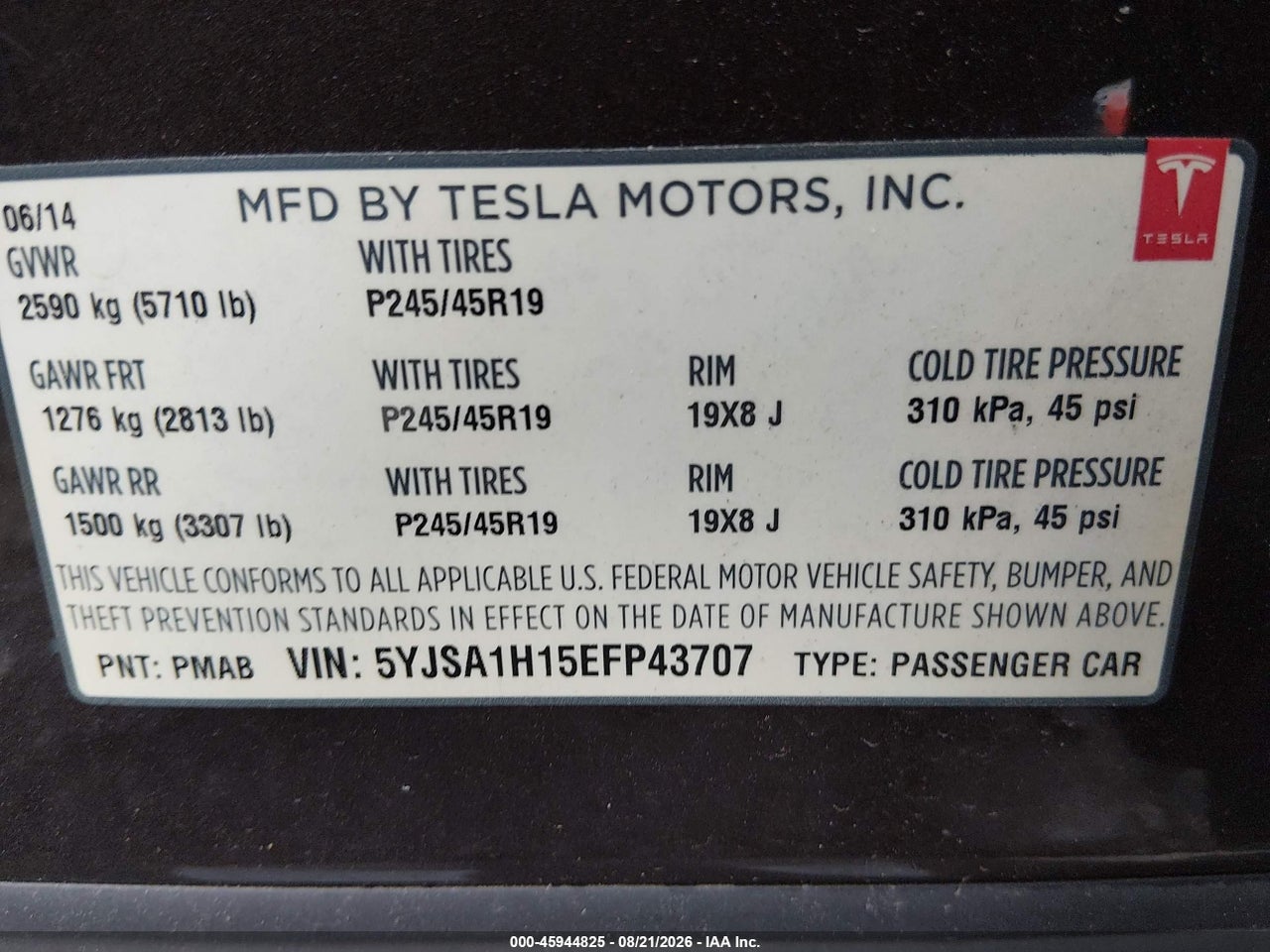 5YJSA1H15EF****** · 2014 TESLA MODEL S P85 · 9/10