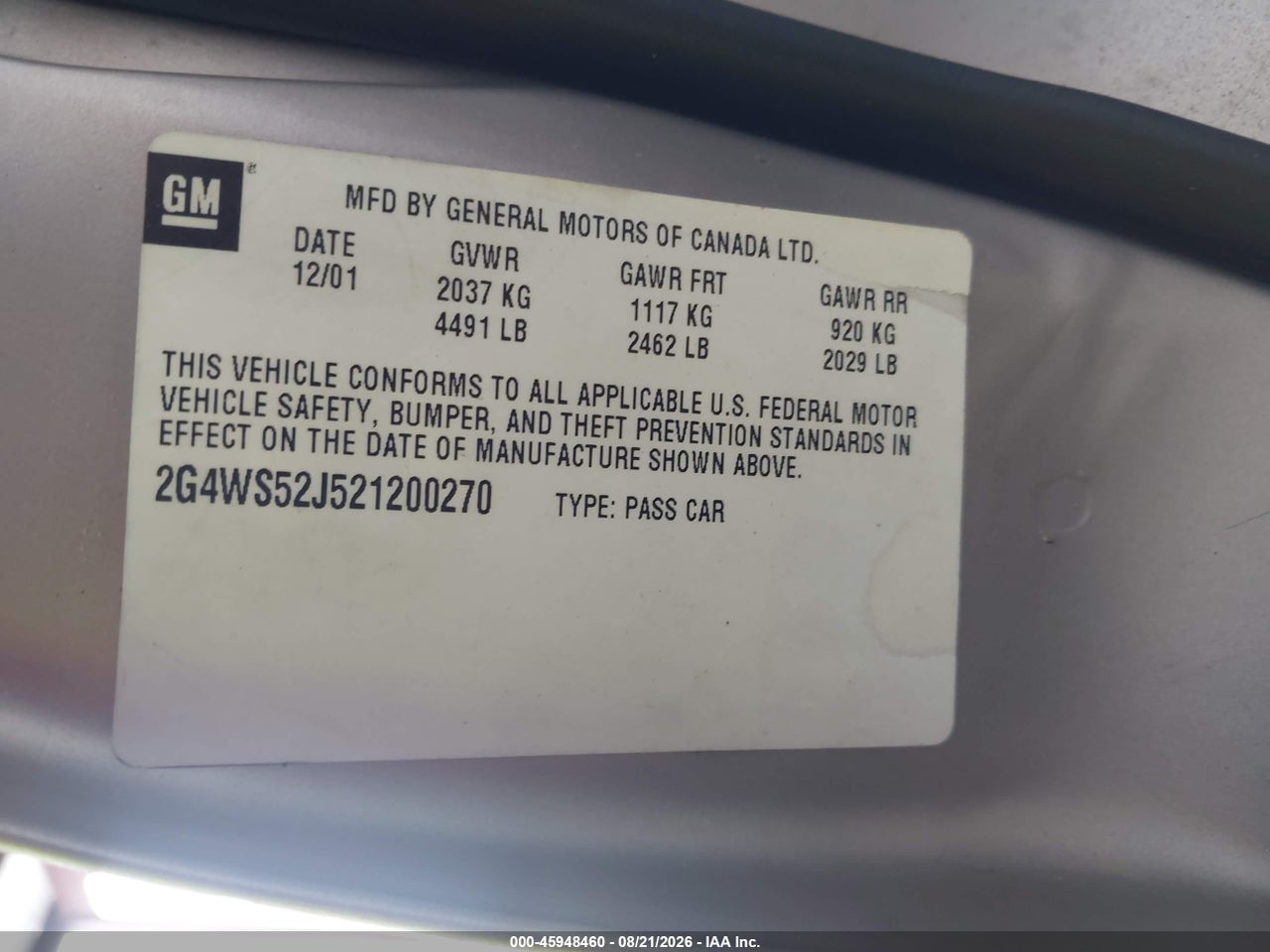 2G4WS52J521****** · 2002 BUICK CENTURY CUSTOM · 9/11