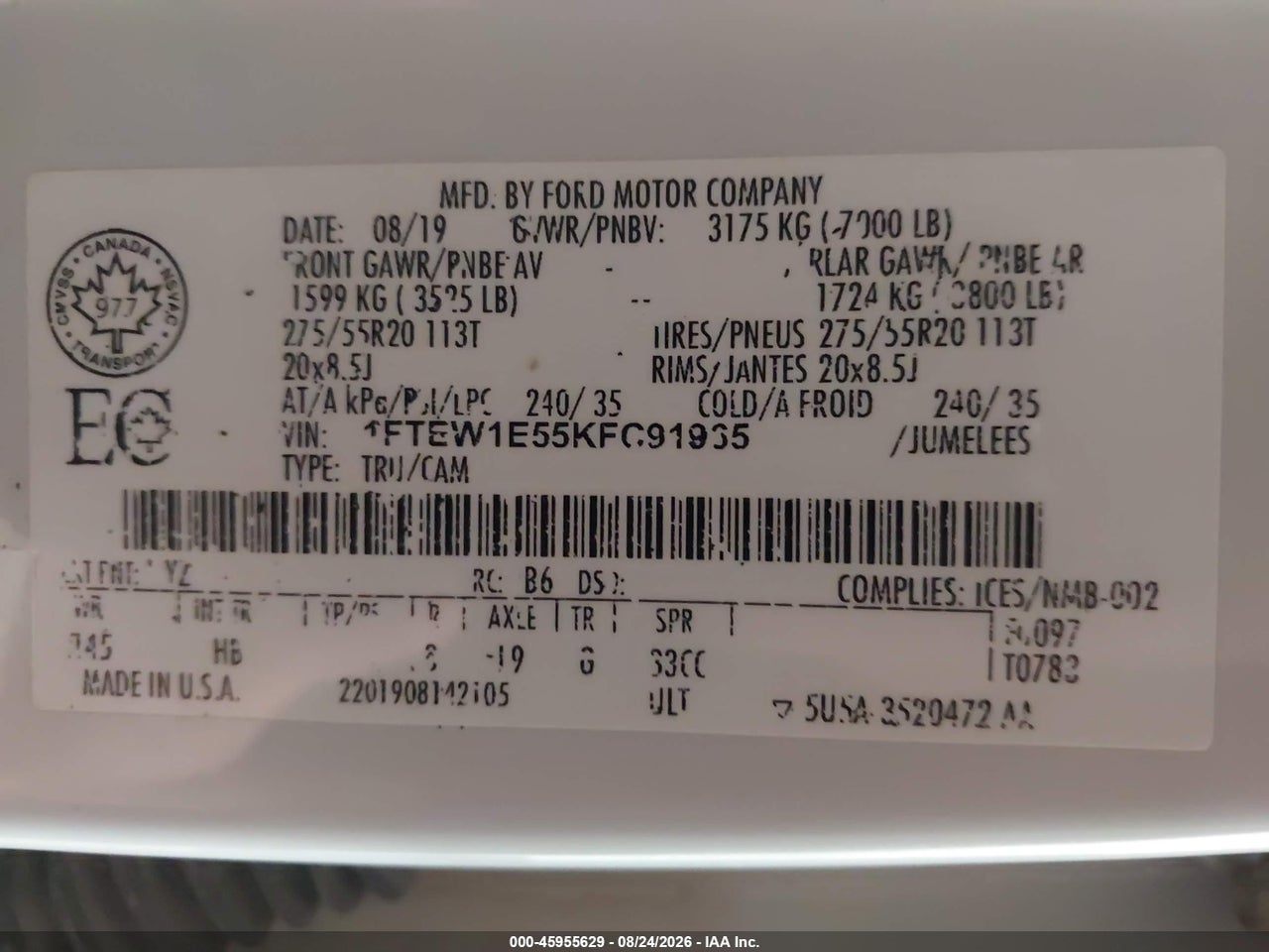 1FTEW1E55KF****** · 2019 FORD F150 SUPERCREW · 9/11