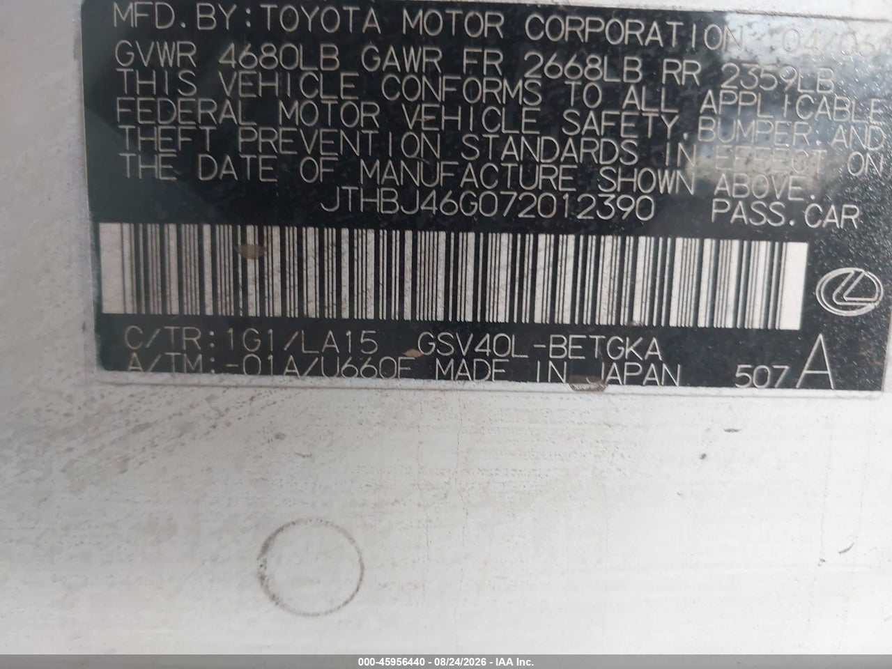 JTHBJ46G072****** · 2007 LEXUS ES 350 · 9/11