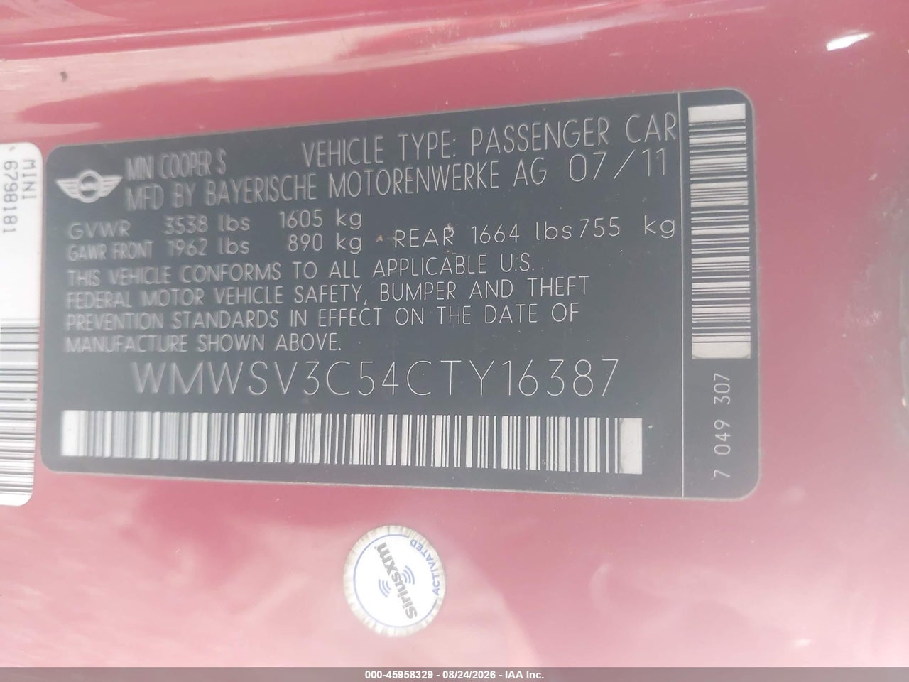 WMWSV3C54CT****** · 2012 MINI COOPER S · 9/11