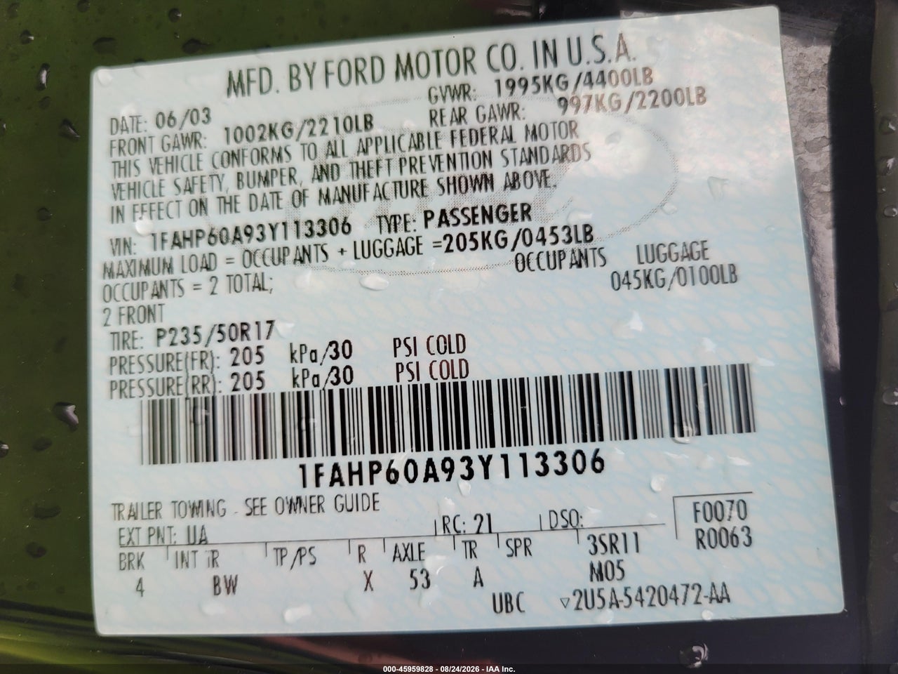 1FAHP60A93Y****** · 2003 FORD THUNDERBIRD   · 9/11