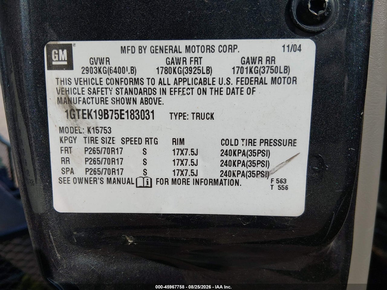 1GTEK19B75E****** · 2005 GMC SIERRA 1500 SLT · 9/11