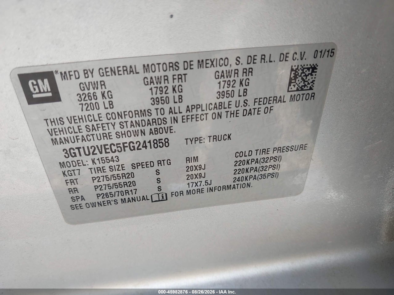 3GTU2VEC5FG****** · 2015 GMC SIERRA 1500 SLT · 9/11