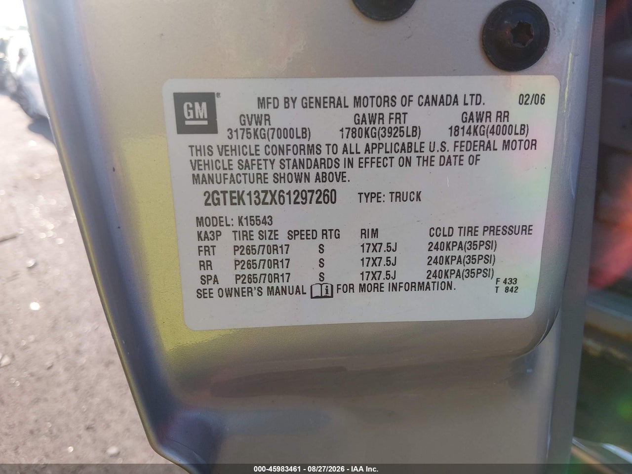2GTEK13ZX61****** · 2006 GMC SIERRA 1500 SLT · 9/11